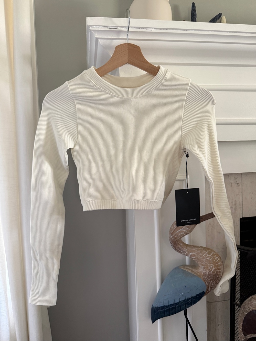 Spiritual Gangster Cream Ribbed Long-Sleeve Crop Top